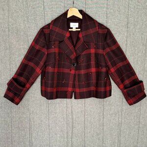 Lewit 100% Wool Burgundy Red Plaid w/ Ruby Red Jewel Applique Boxy Blazer Size M